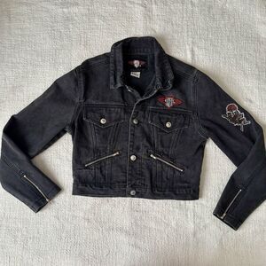 Get Used By Elie Black Denim Jacket With Heart/Floral Design. Sz M. VTG, RARE